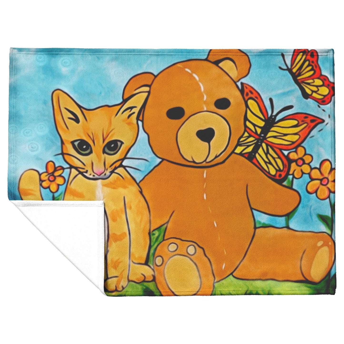 'A Field of Whimsy' Kitten and Teddy Bear Blanket