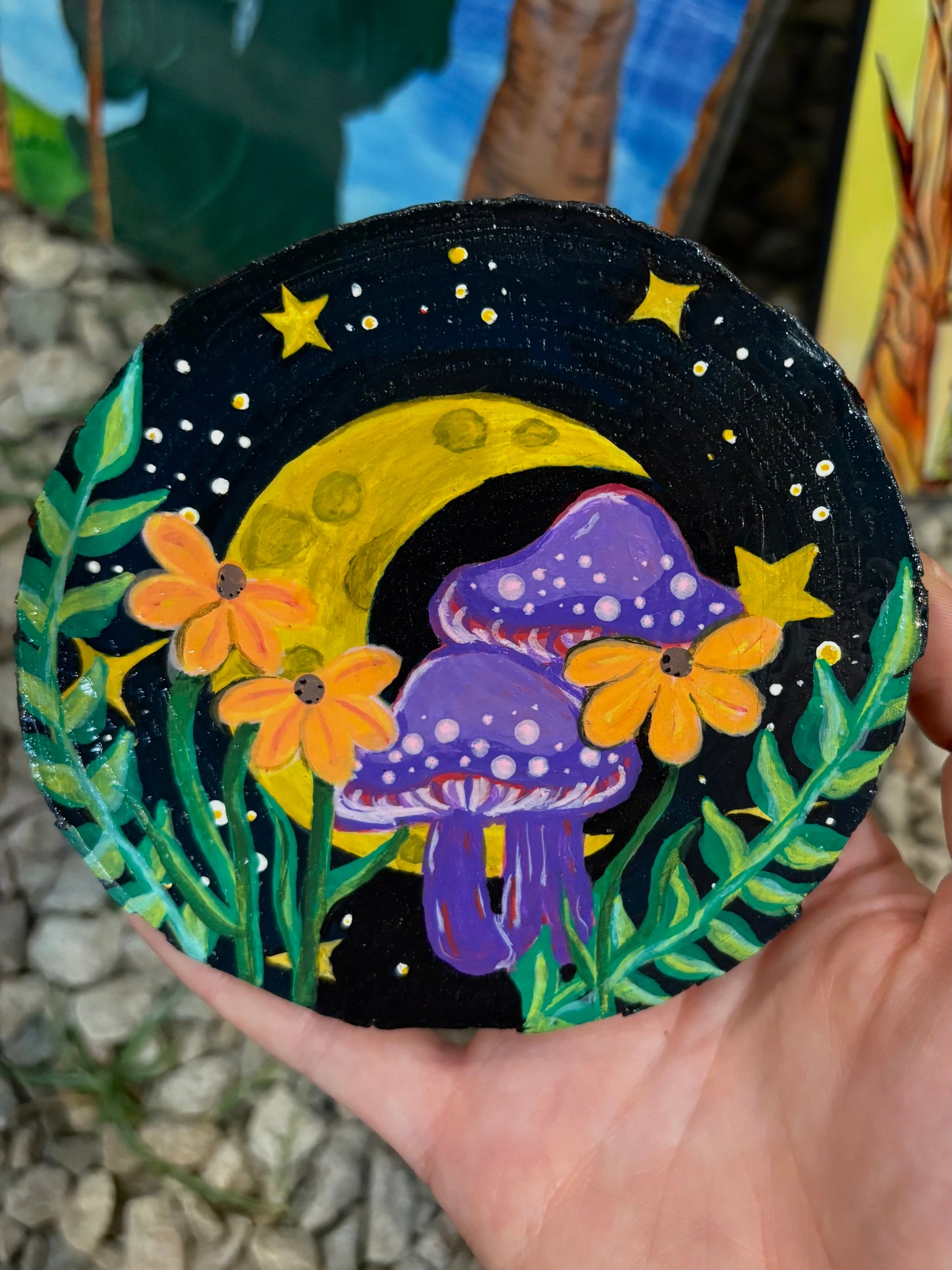 Mushroom Moonlight Original Wooden Canvas Painting