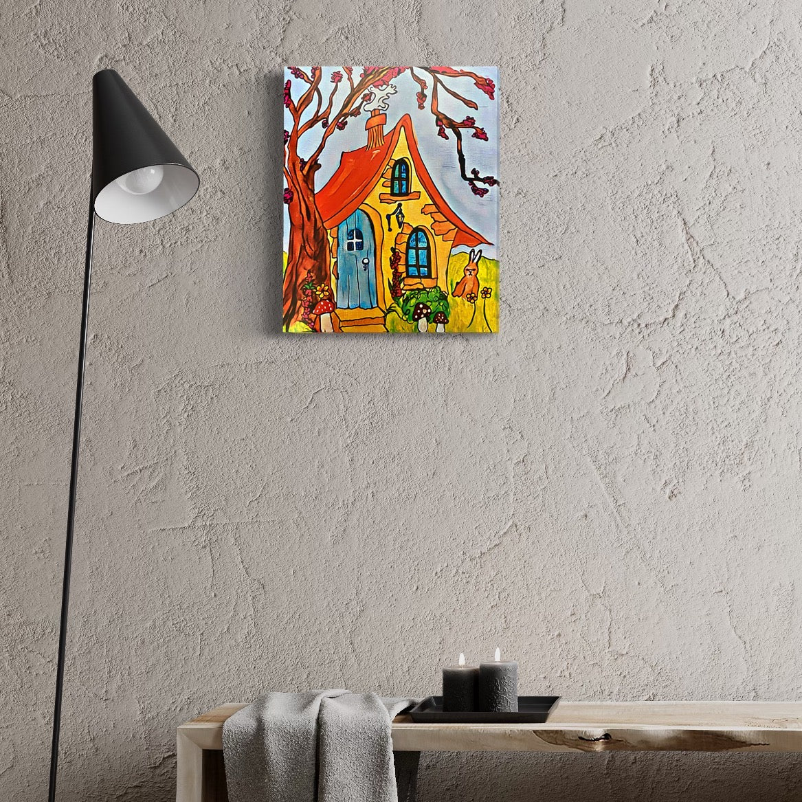 Sunlit Serenity Mushroom Cottage House Poster