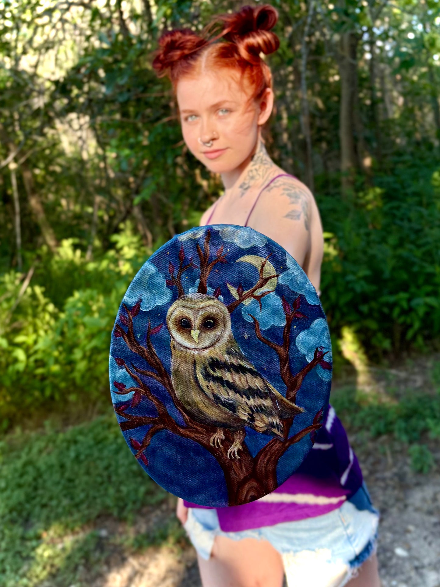 "Nocturnal Guardian" Original Oval Owl Acrylic Painting On Canvas