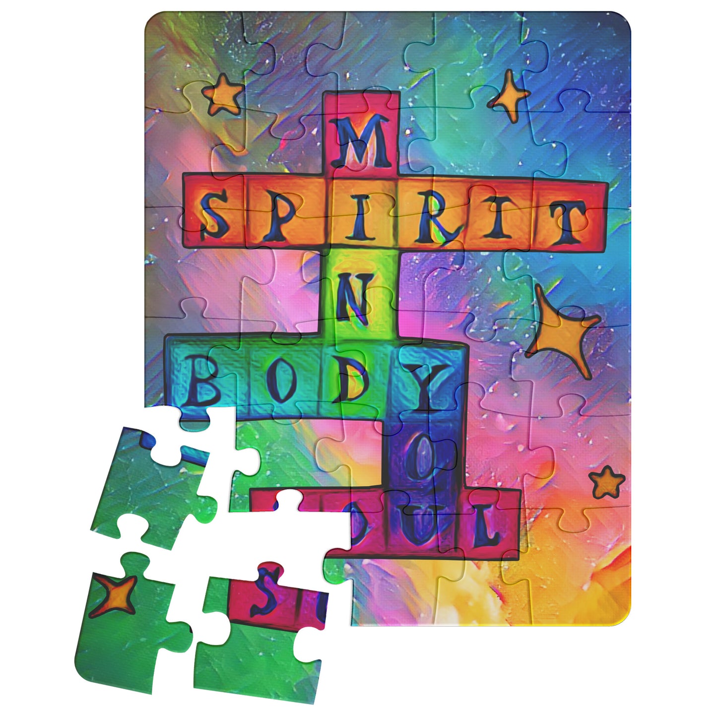 Mind, Body, Spirit, Soul YOU Crossword Chakra Rainbow Galaxy and Stars Jigsaw Puzzle