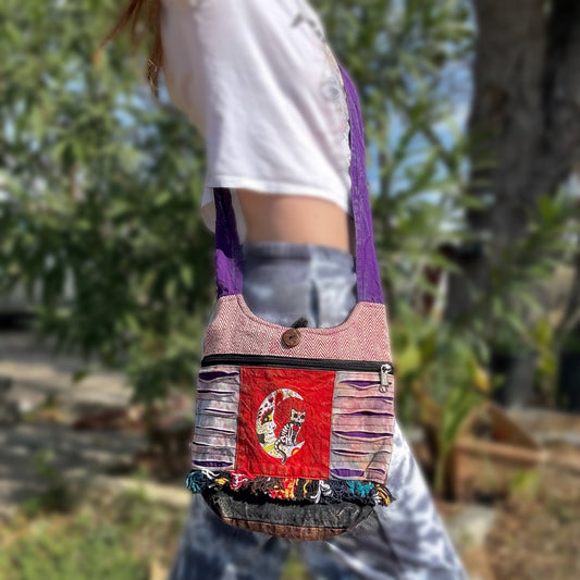 Moon & Cat Mini Tie Dye Patchwork Crossbody Purse Bag