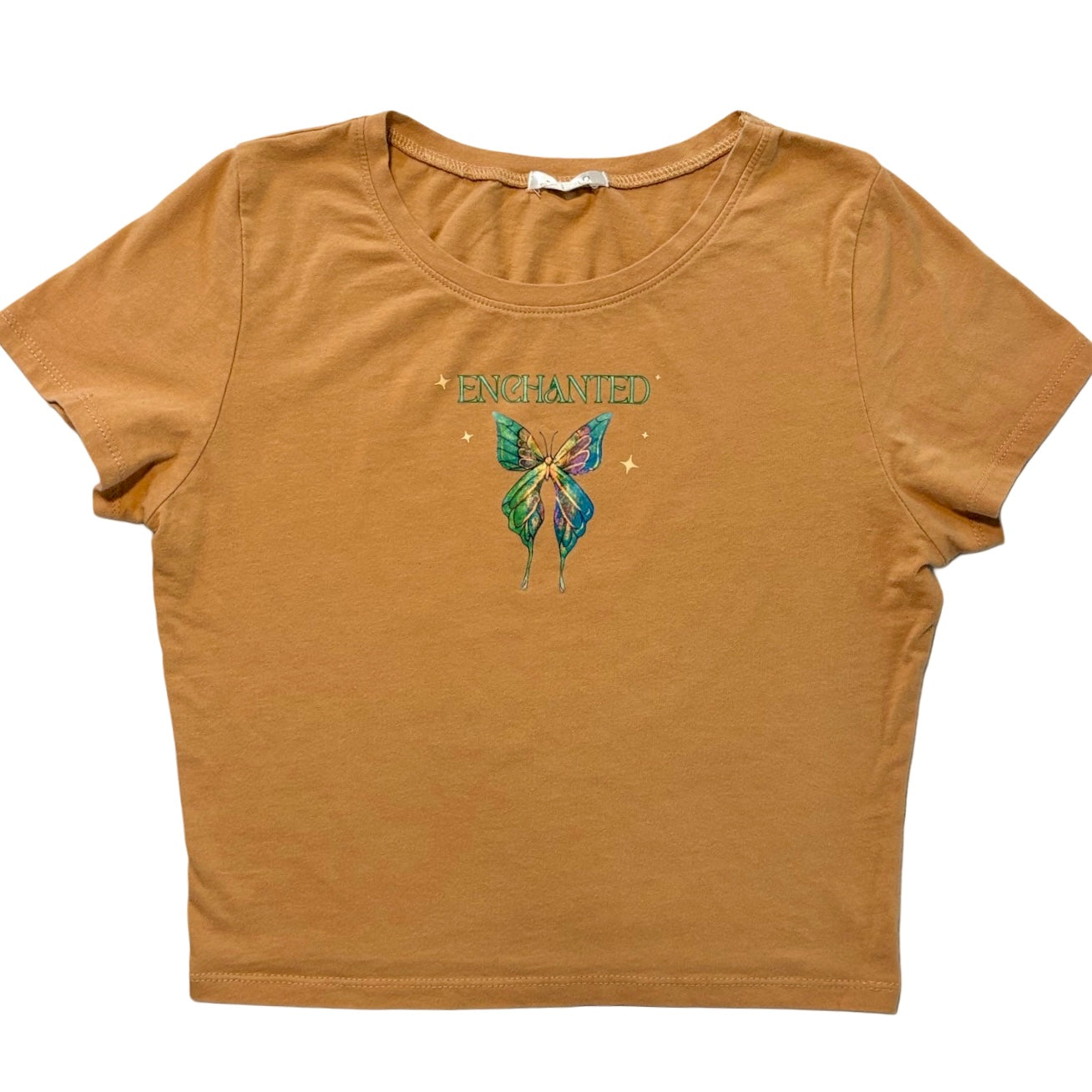 "Enchanted" Metallic Watercolor Butterfly Mustard Color Crop Top Tee