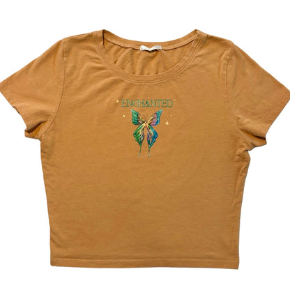 "Enchanted" Metallic Watercolor Butterfly Mustard Color Crop Top Tee