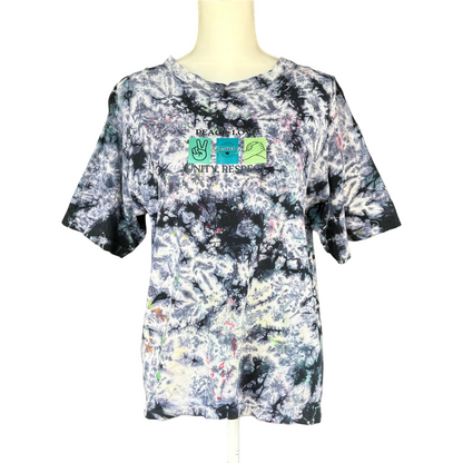 Peace, Love, Unity, Respect Black and White Splatter Dyed Upcycled T-Shirt