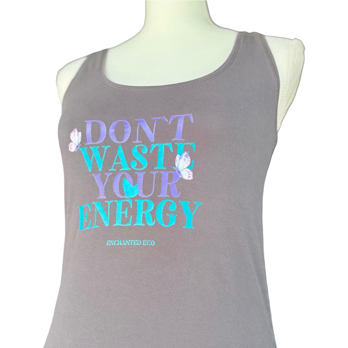 "Don't Waste Your Energy" Butterfly Grey Tank Top Womens' Medium