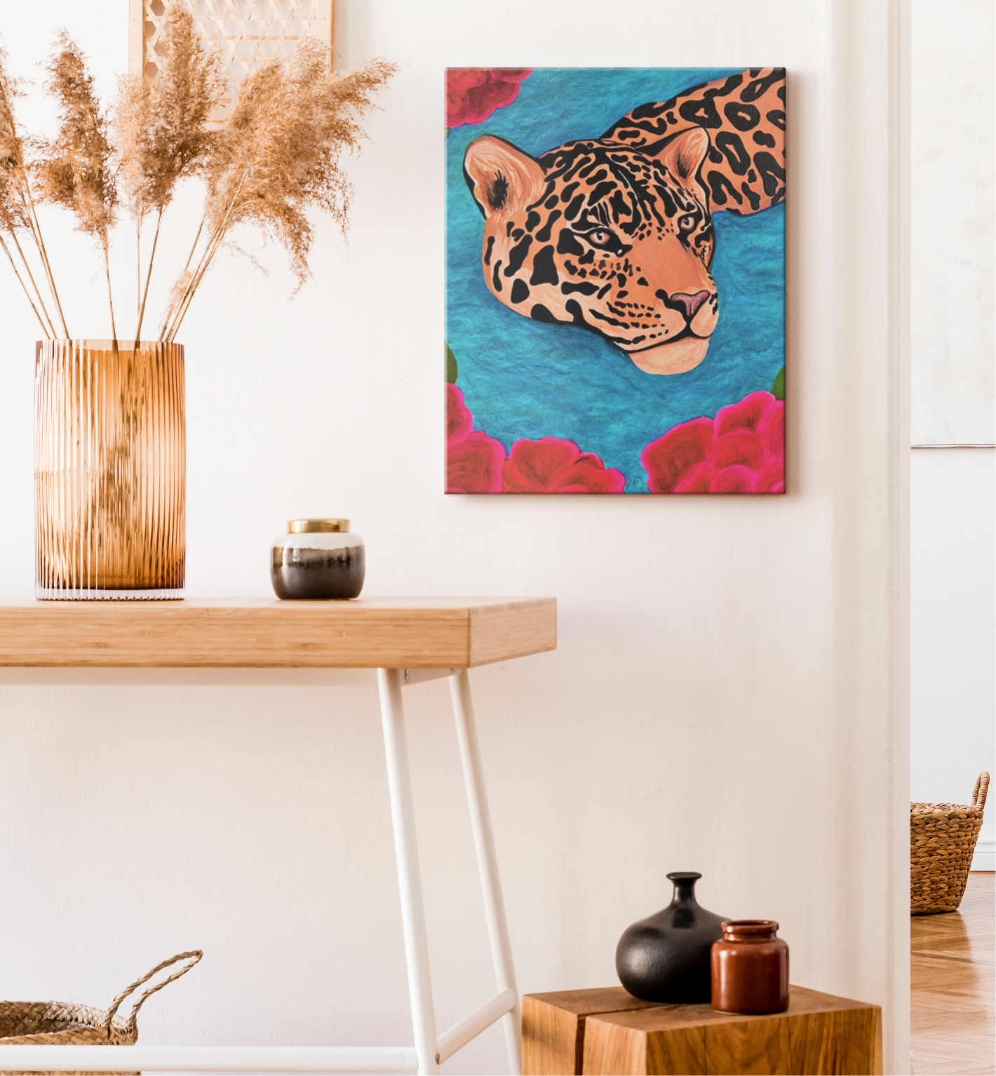 “Pink Petals, Jaguar Soul” Anna The Jaguar 16”x20” Wrapped Canvas