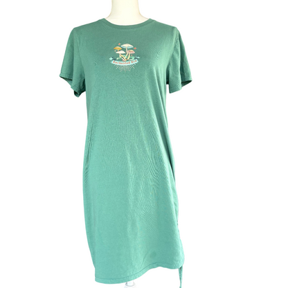 Enchanted Mushrooms Green T-Shirt Dress w/ Adjustable Ruched Siding