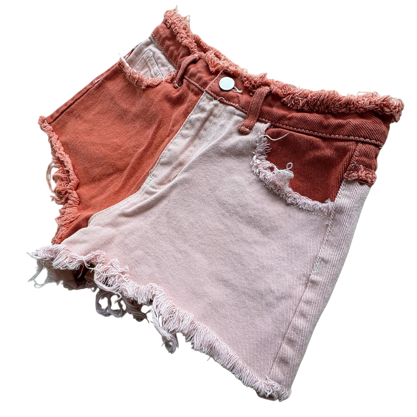 Two-Toned Patchwork Mushroom Distressed Denim Shorts Salmon & Pink