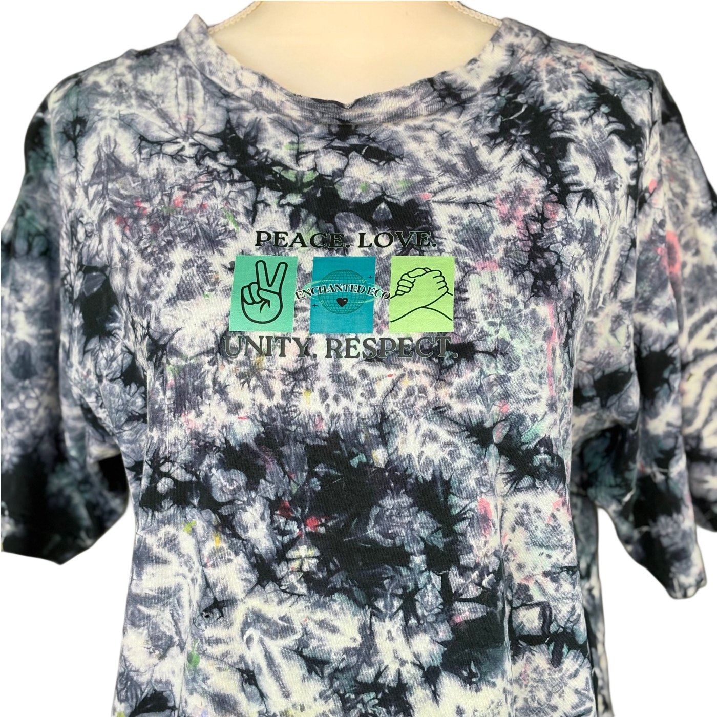 Peace, Love, Unity, Respect Black and White Splatter Dyed Upcycled T-Shirt