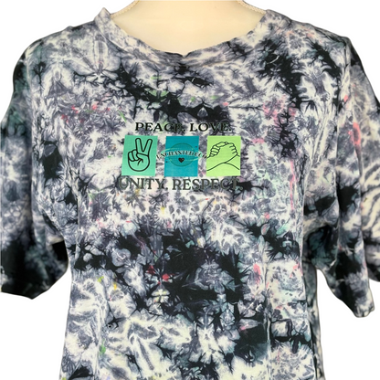 Peace, Love, Unity, Respect Black and White Splatter Dyed Upcycled T-Shirt