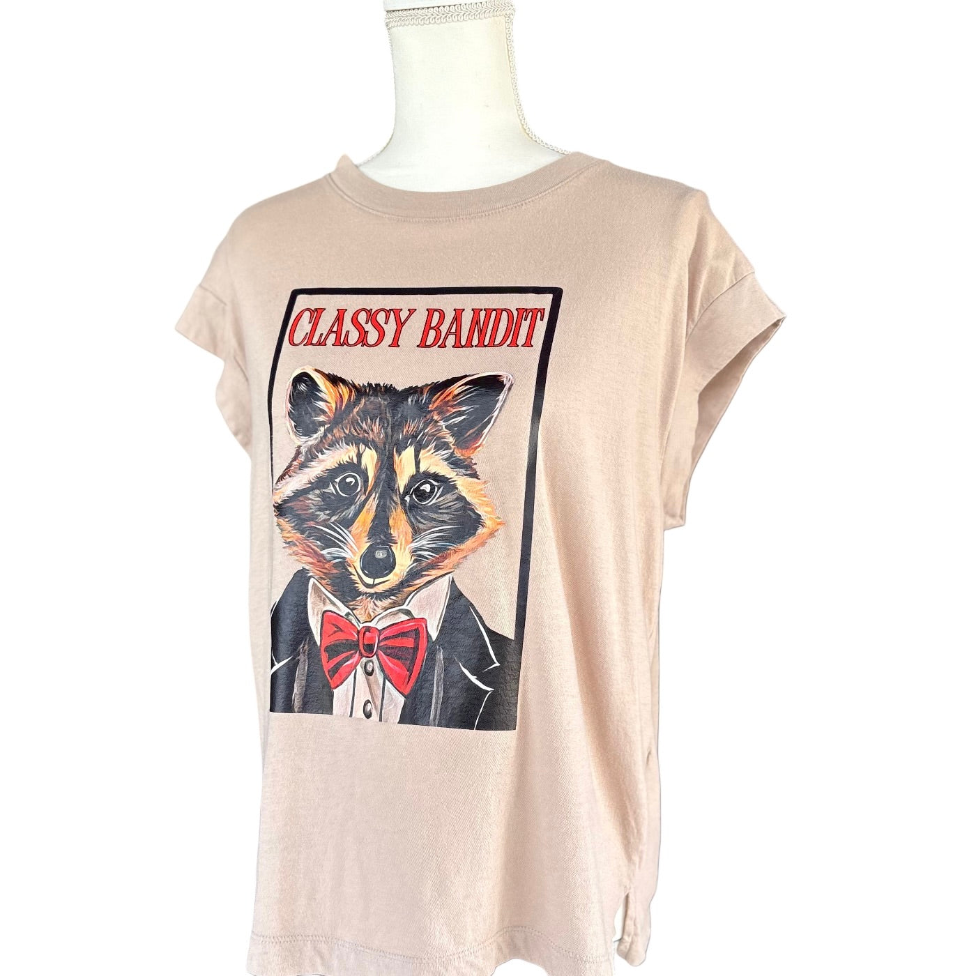 "Classy Bandit" Beige Cropped Sleeve Womens' Tee Medium