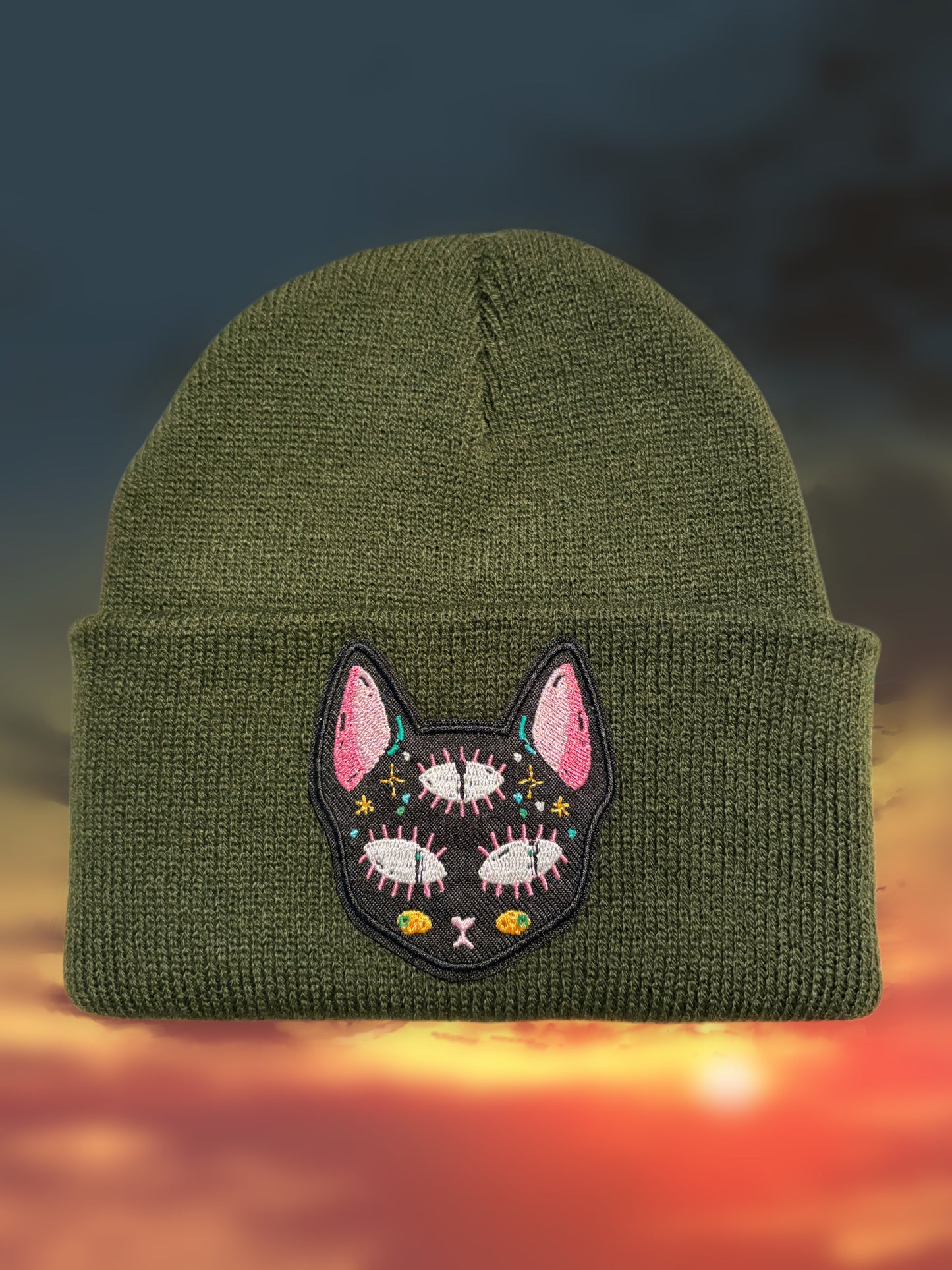 3rd Eye Mystic Cat Olive Green Beanie - One of a Kind