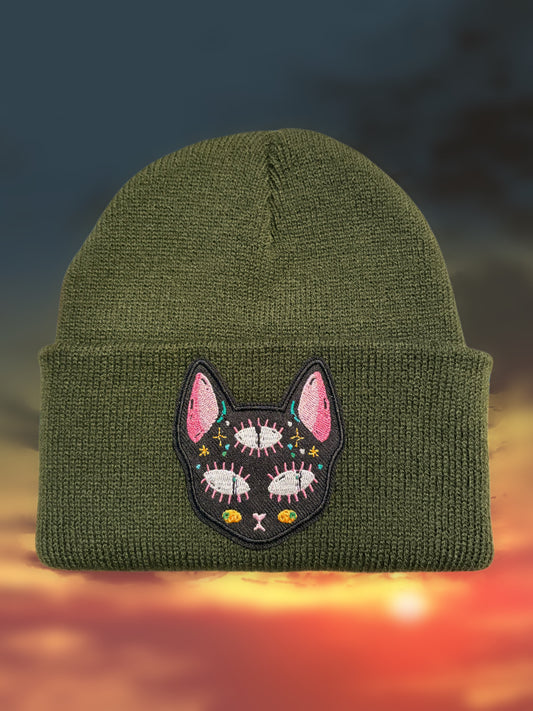 3rd Eye Mystic Cat Olive Green Beanie - One of a Kind