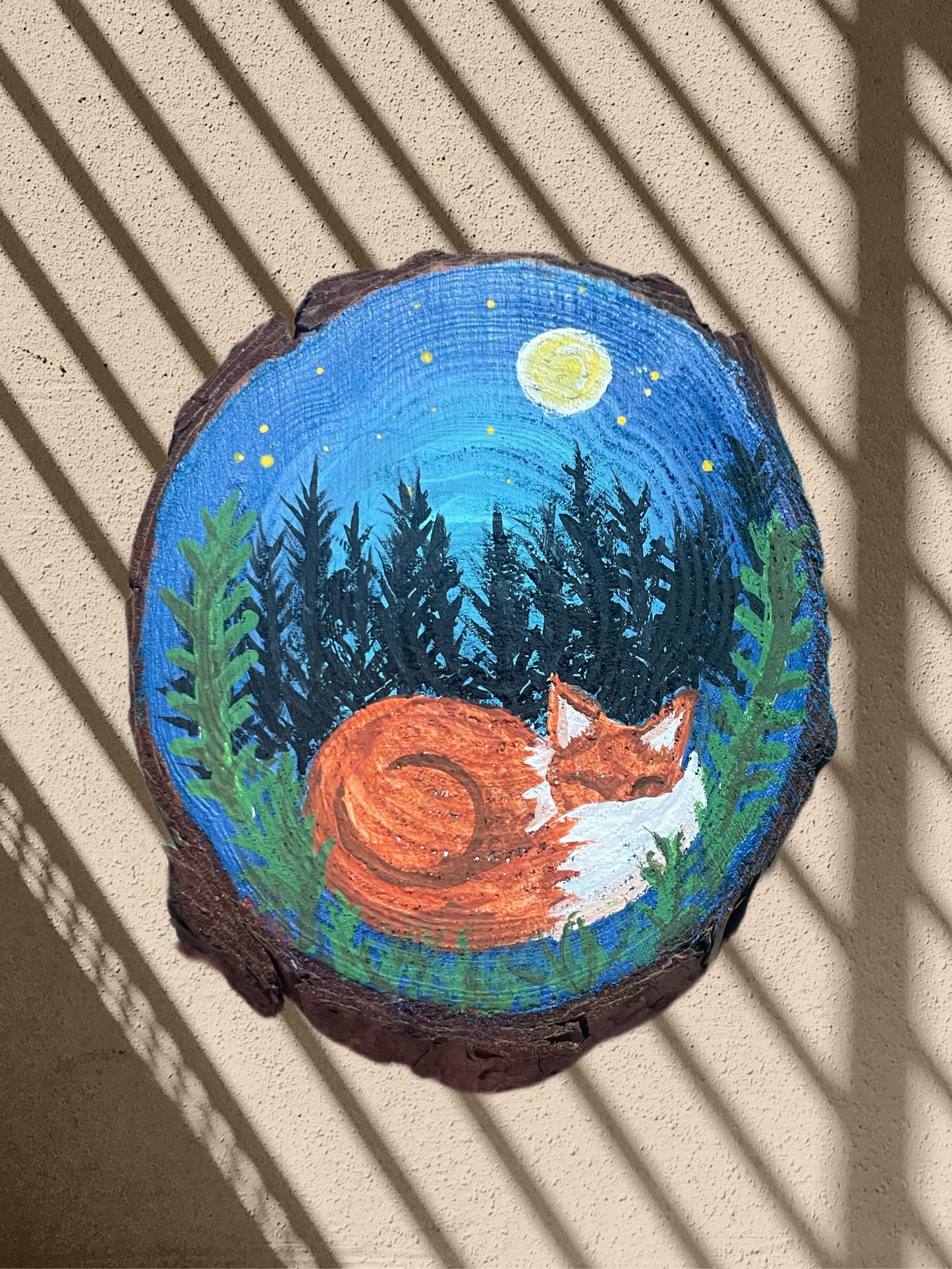 Full Moon Fox Original Acrylic Painting on Wooden Canvas