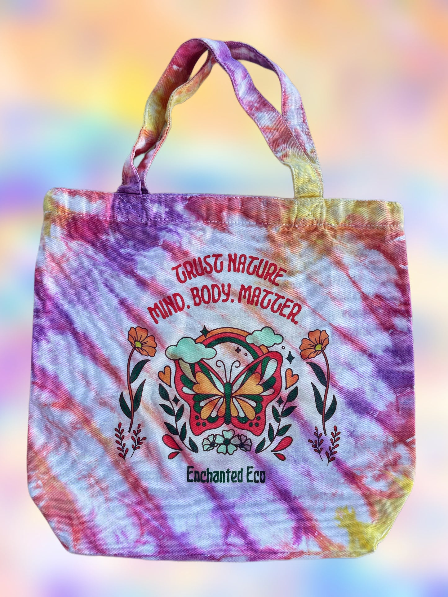 Mind, Body, Matter Tie Dye Sunset Tote Bag