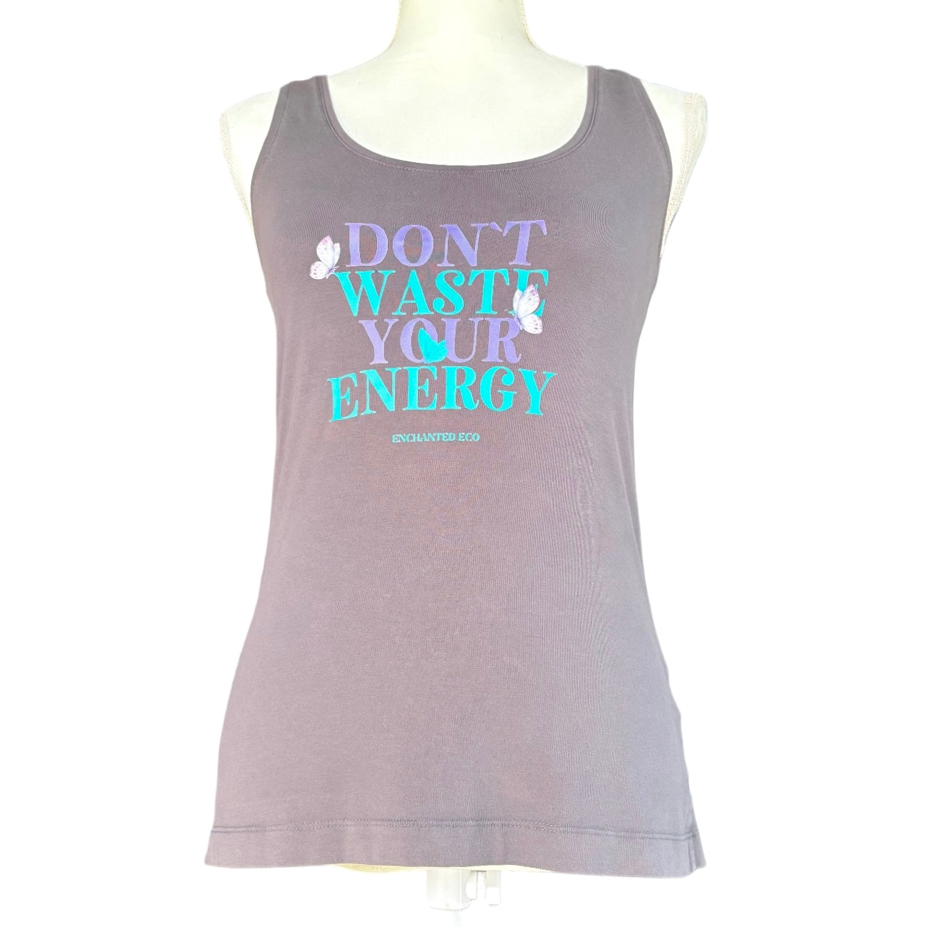 "Don't Waste Your Energy" Butterfly Grey Tank Top Womens' Medium