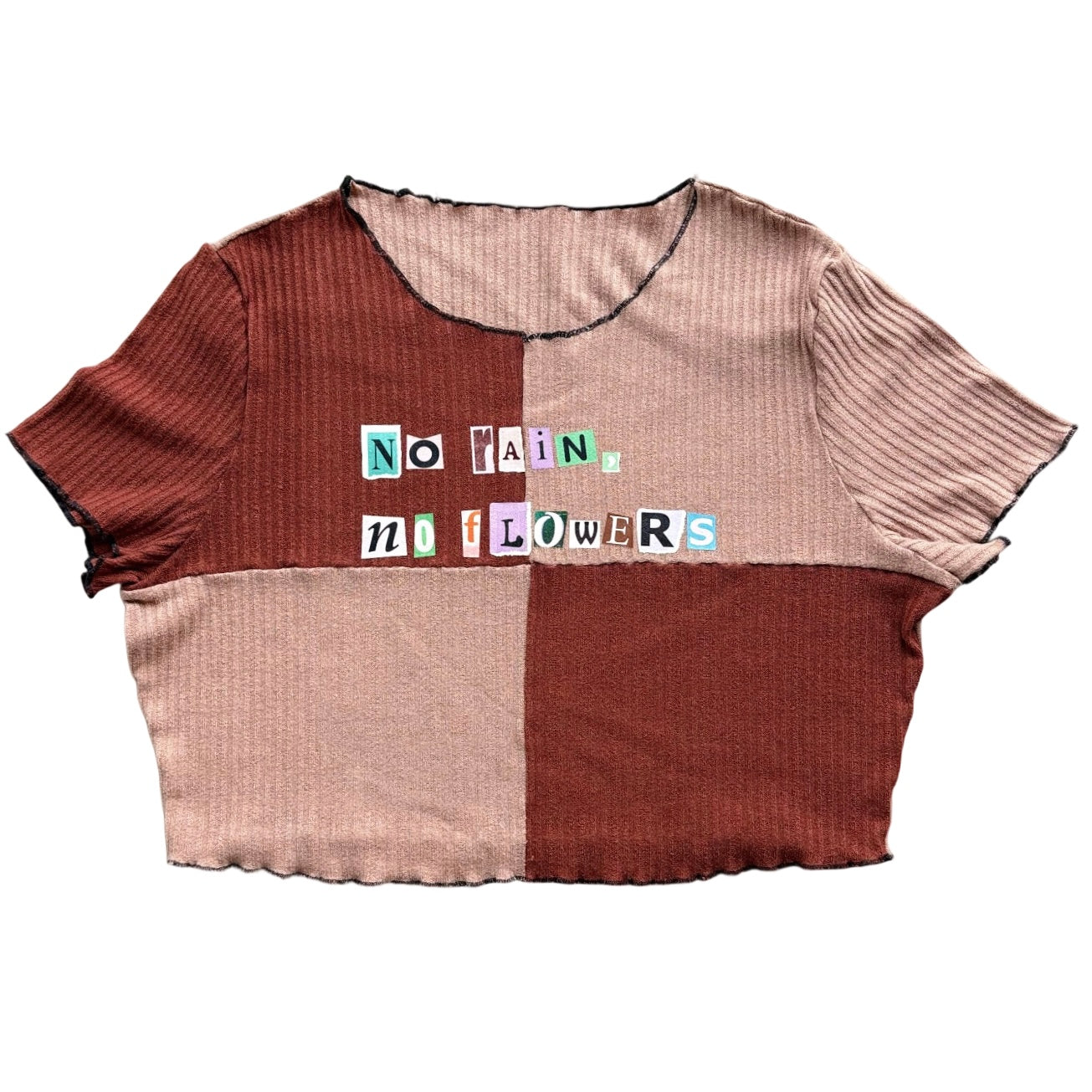 "No Rain, No Flowers" Two Tone Patchwork Crop Top Large Tee