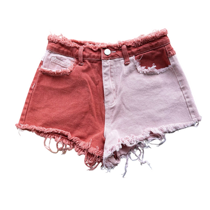 Two-Toned Patchwork Mushroom Distressed Denim Shorts Salmon & Pink