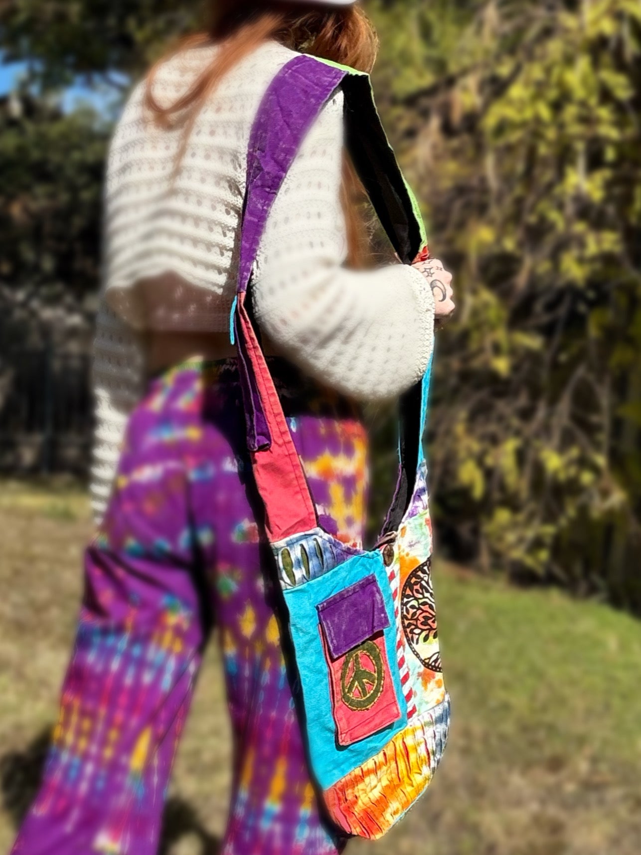 Tie-Dye Patchwork Crossbody Bag with Tree of Life & Peace Sign