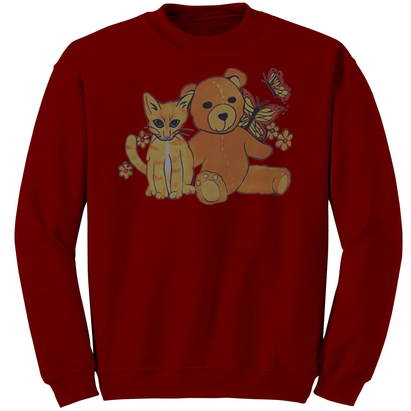 'A Field of Whimsy' Kitten and Teddy Bear With Butterflies Sweatshirt