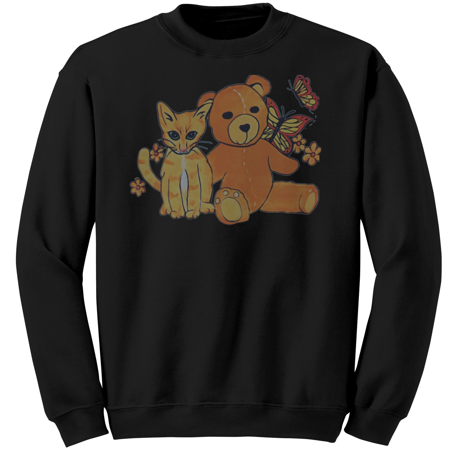 'A Field of Whimsy' Kitten and Teddy Bear With Butterflies Sweatshirt