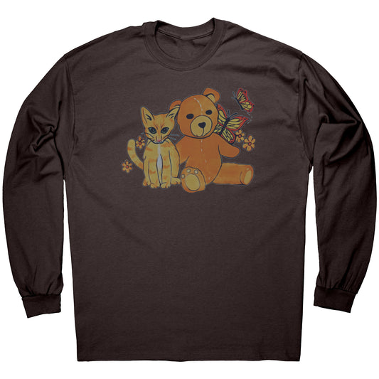 'A Field of Whimsy' Kitten and Teddy Bear Long Sleeve Tee T-Shirt