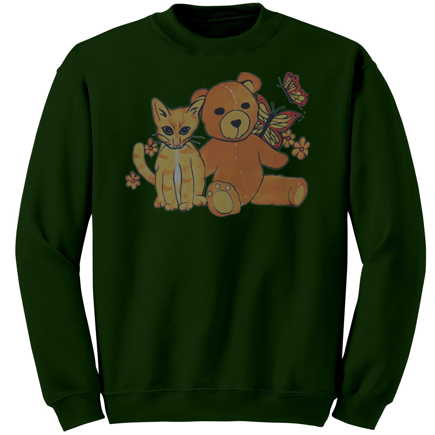 'A Field of Whimsy' Kitten and Teddy Bear With Butterflies Sweatshirt