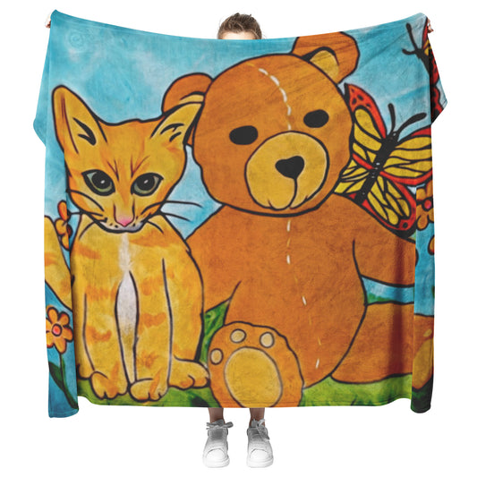 'A Field of Whimsy' Kitten and Teddy Bear Blanket