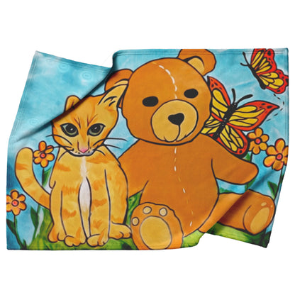 'A Field of Whimsy' Kitten and Teddy Bear Blanket