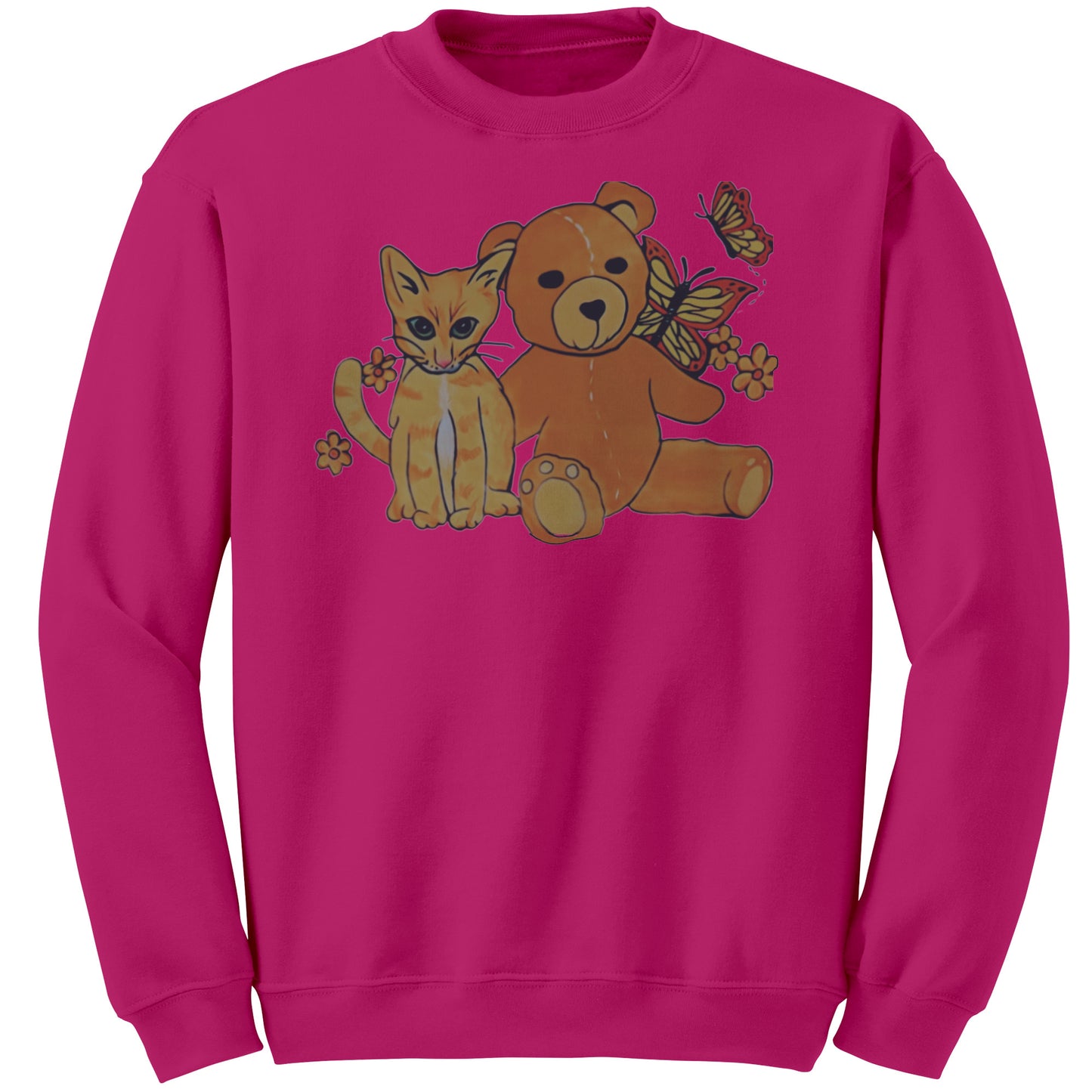 'A Field of Whimsy' Kitten and Teddy Bear With Butterflies Sweatshirt