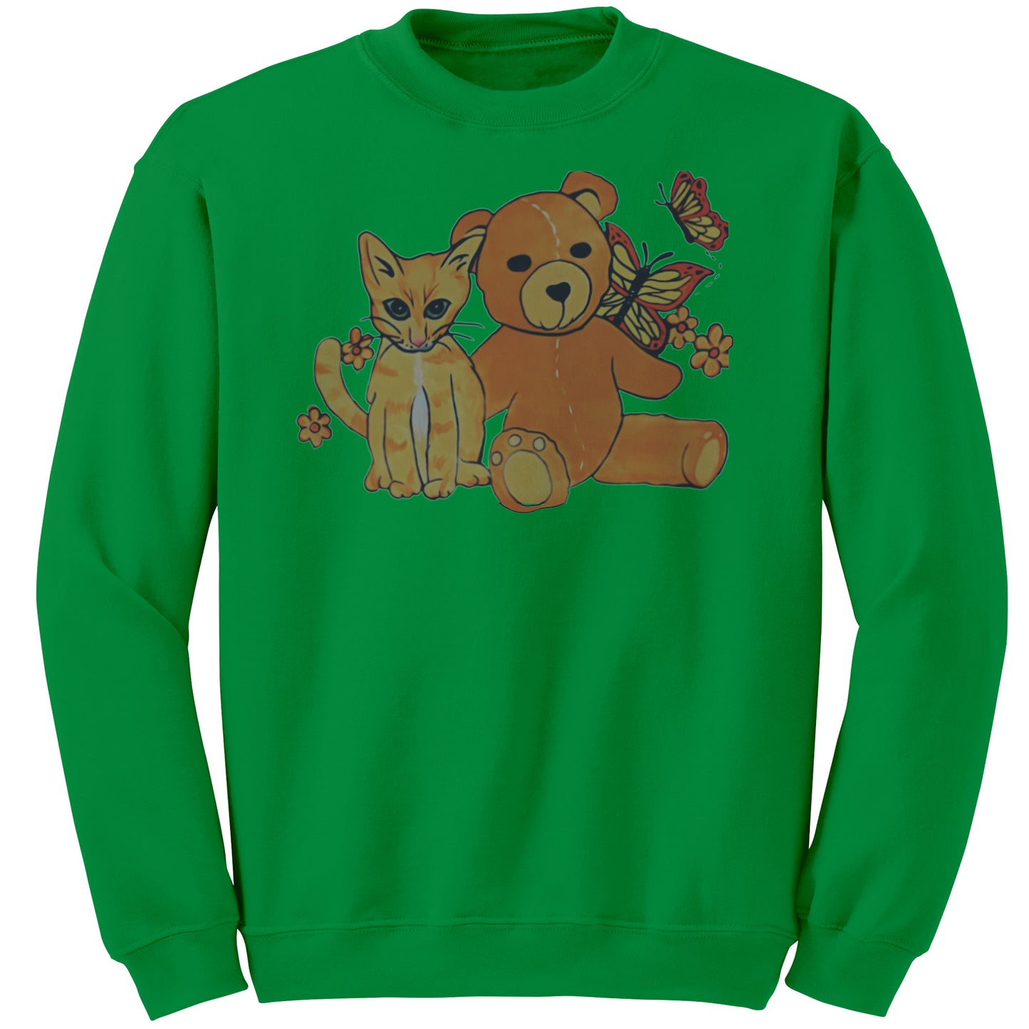 'A Field of Whimsy' Kitten and Teddy Bear With Butterflies Sweatshirt