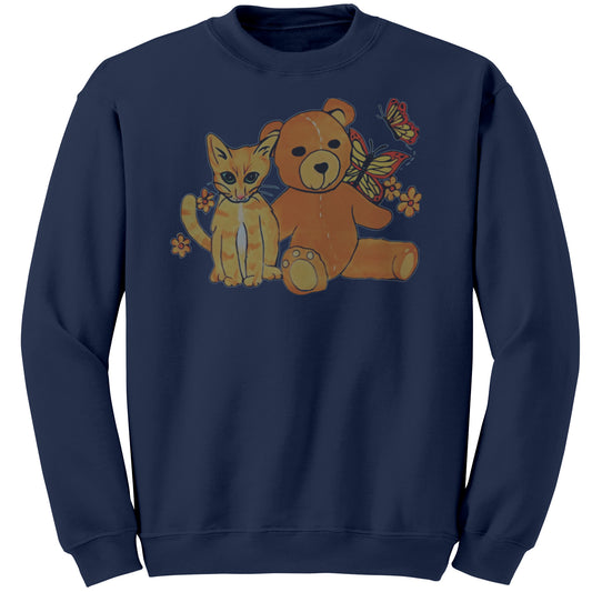 'A Field of Whimsy' Kitten and Teddy Bear With Butterflies Sweatshirt