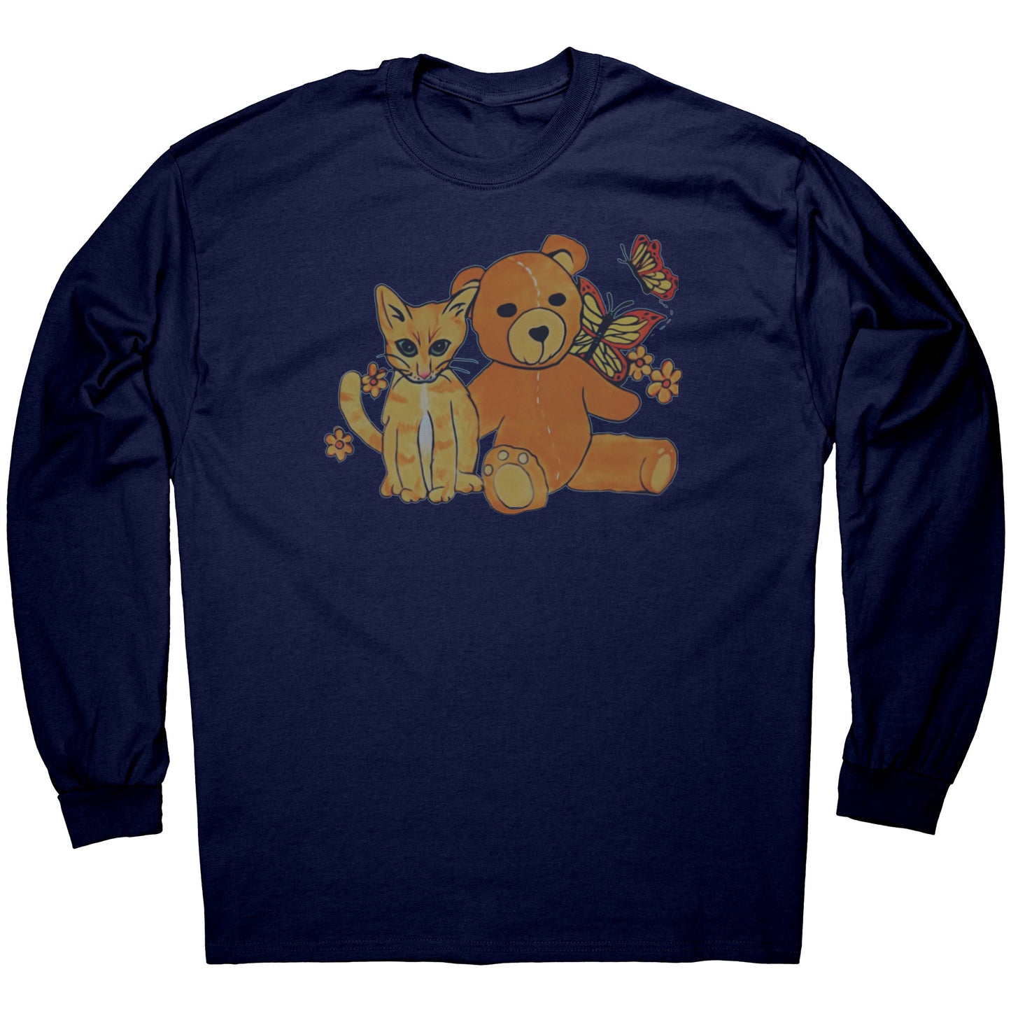 'A Field of Whimsy' Kitten and Teddy Bear Long Sleeve Tee T-Shirt