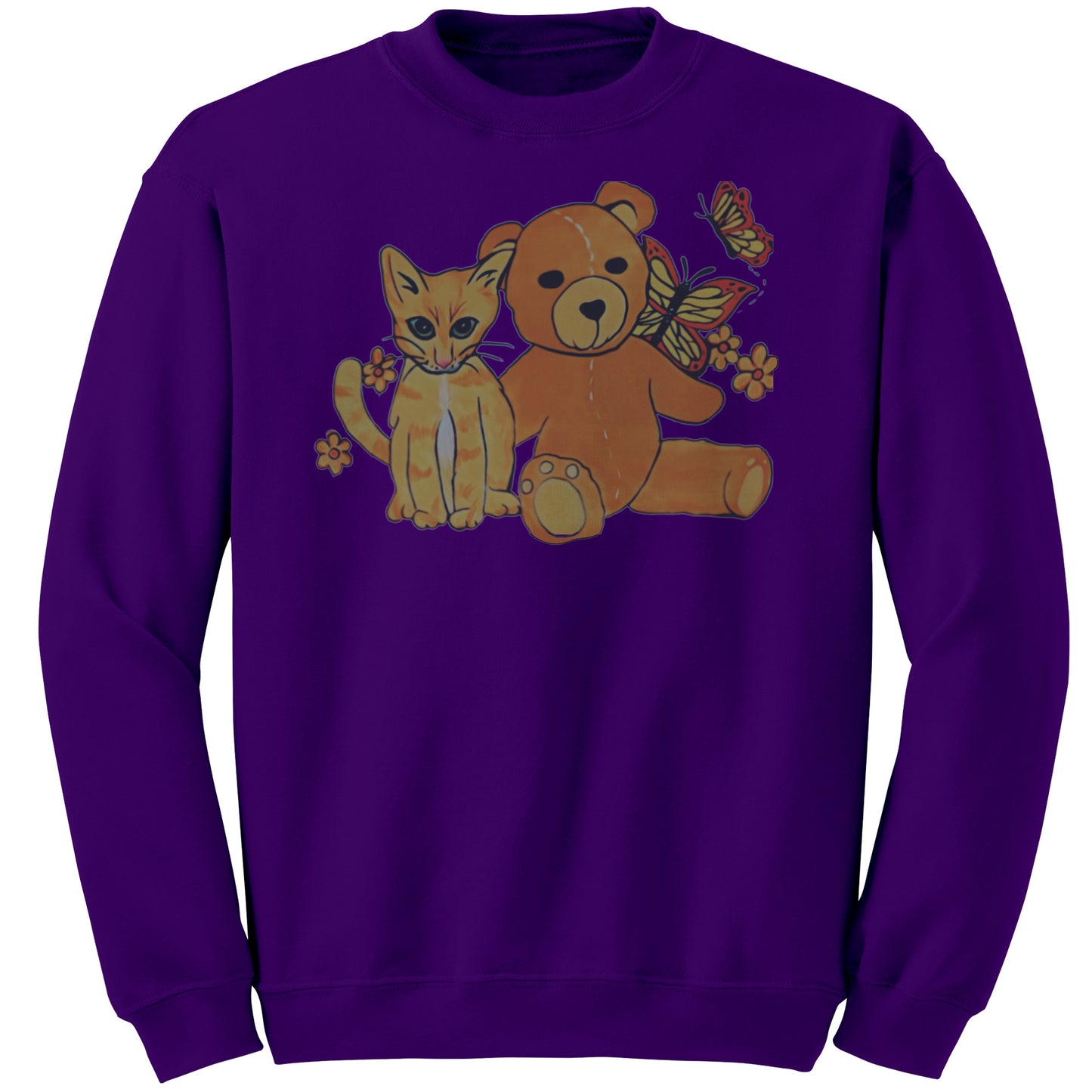 'A Field of Whimsy' Kitten and Teddy Bear With Butterflies Sweatshirt