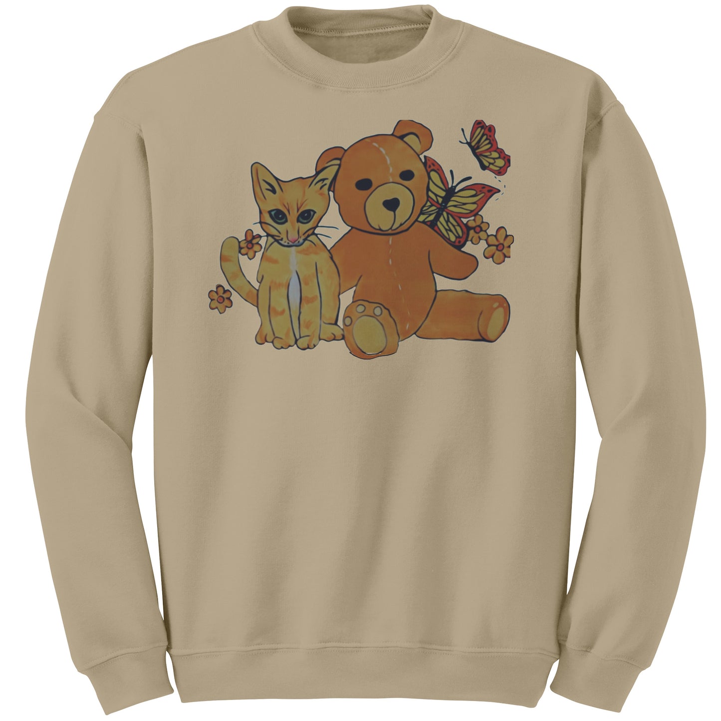 'A Field of Whimsy' Kitten and Teddy Bear With Butterflies Sweatshirt