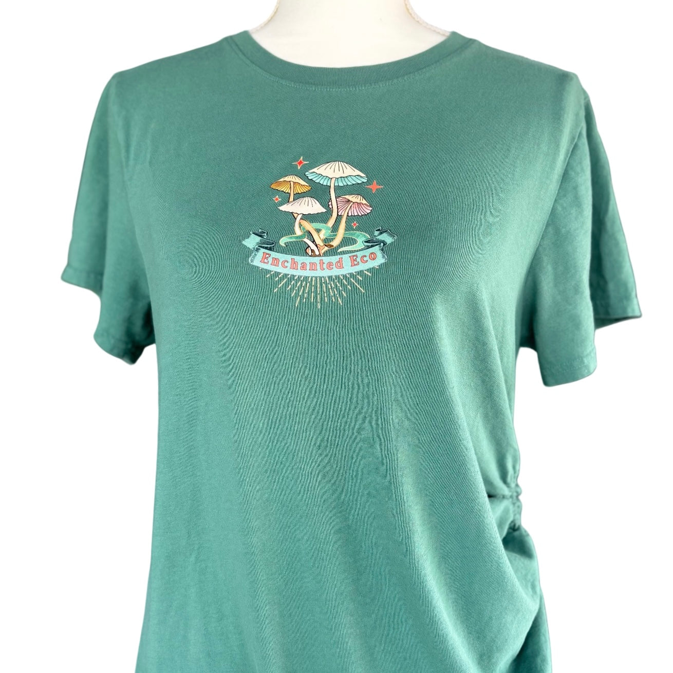 Enchanted Mushrooms Green T-Shirt Dress w/ Adjustable Ruched Siding