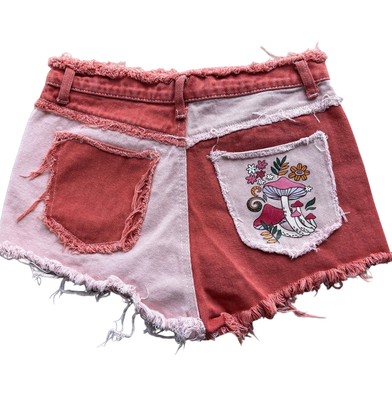 Two-Toned Patchwork Mushroom Distressed Denim Shorts Salmon & Pink