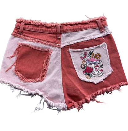 Two-Toned Patchwork Mushroom Distressed Denim Shorts Salmon & Pink