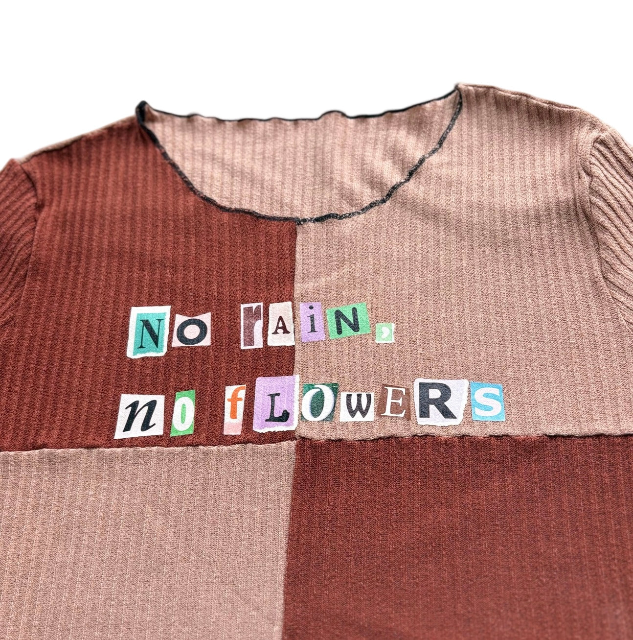 "No Rain, No Flowers" Two Tone Patchwork Crop Top Large Tee