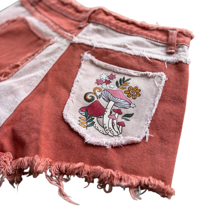 Two-Toned Patchwork Mushroom Distressed Denim Shorts Salmon & Pink