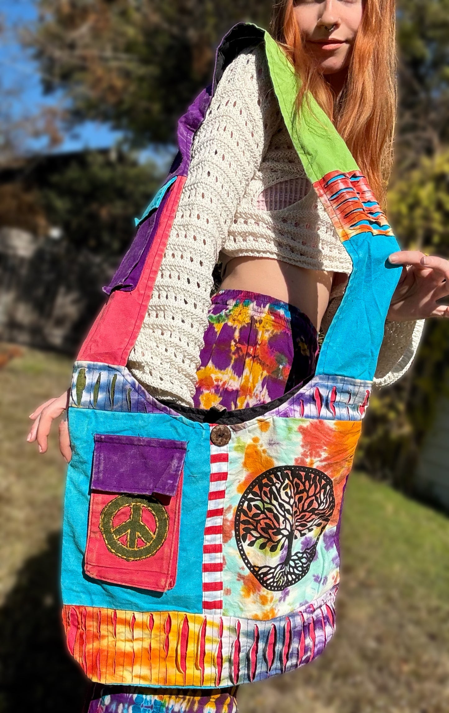 Tie-Dye Patchwork Crossbody Bag with Tree of Life & Peace Sign