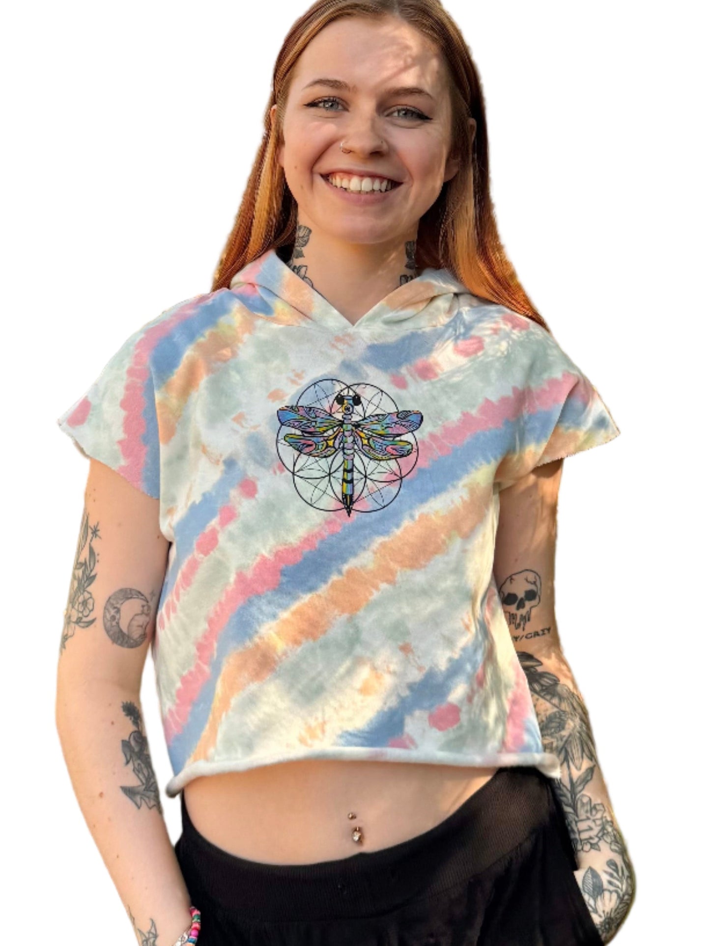 Geometry Dragon Fly Crop Cut-Off Tie Dye Hoodie