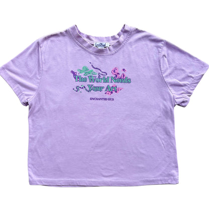 "The World Needs Your Art" Purple Crop Tee Small