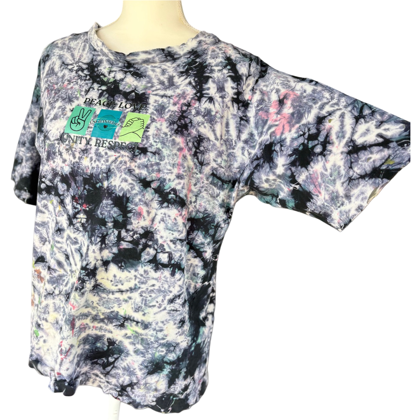 Peace, Love, Unity, Respect Black and White Splatter Dyed Upcycled T-Shirt