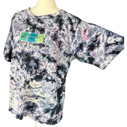 Peace, Love, Unity, Respect Black and White Splatter Dyed Upcycled T-Shirt