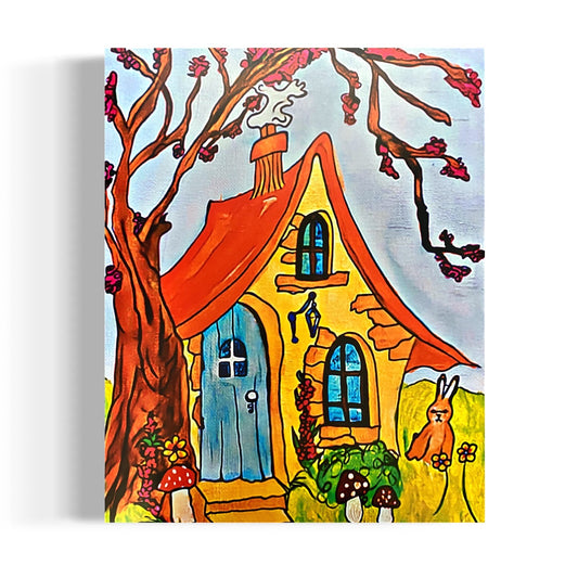 Sunlit Serenity Mushroom Cottage House Poster