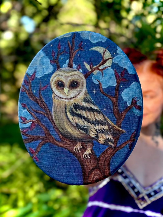 "Nocturnal Guardian" Original Oval Owl Acrylic Painting On Canvas