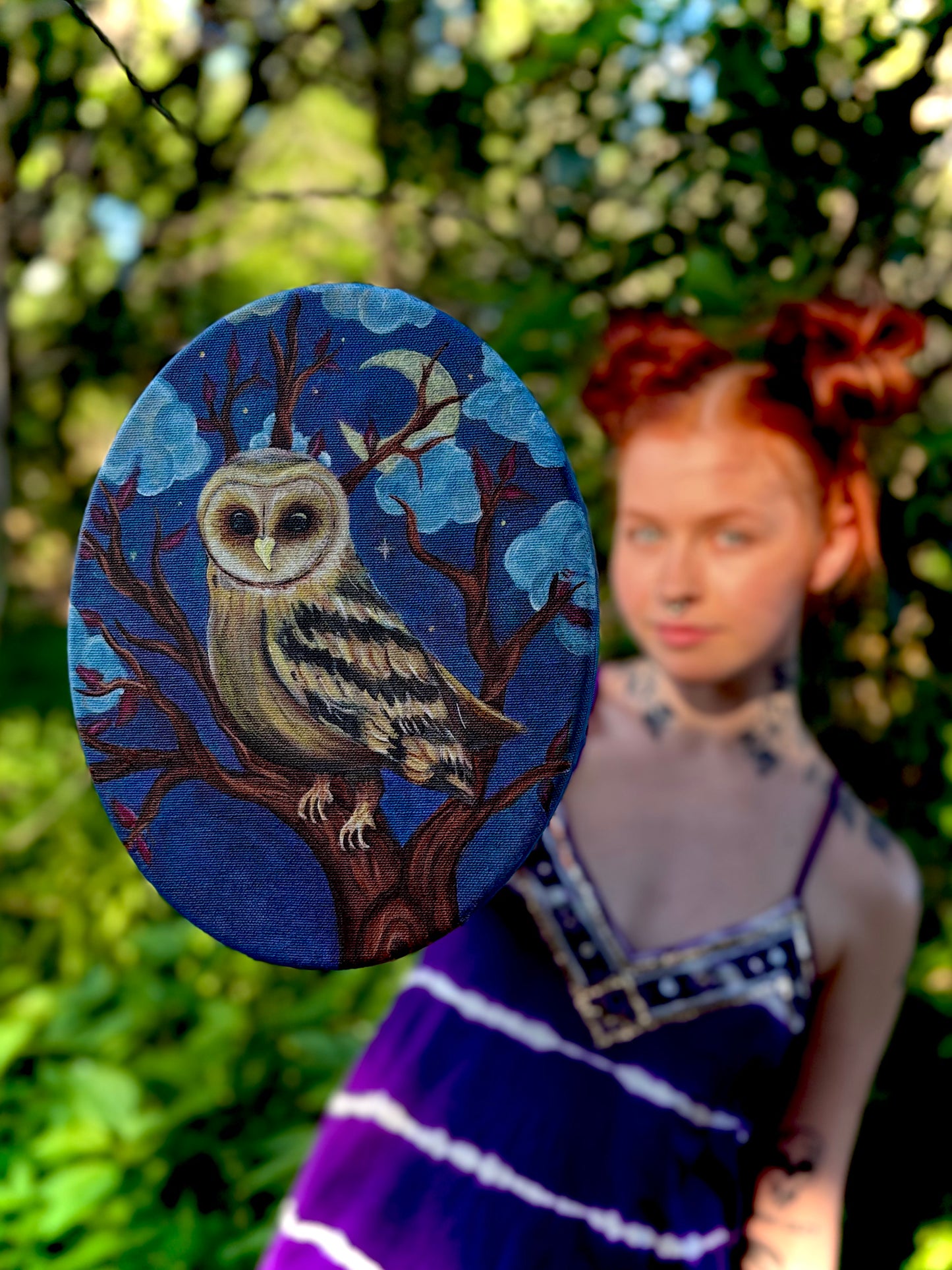 "Nocturnal Guardian" Original Oval Owl Acrylic Painting On Canvas