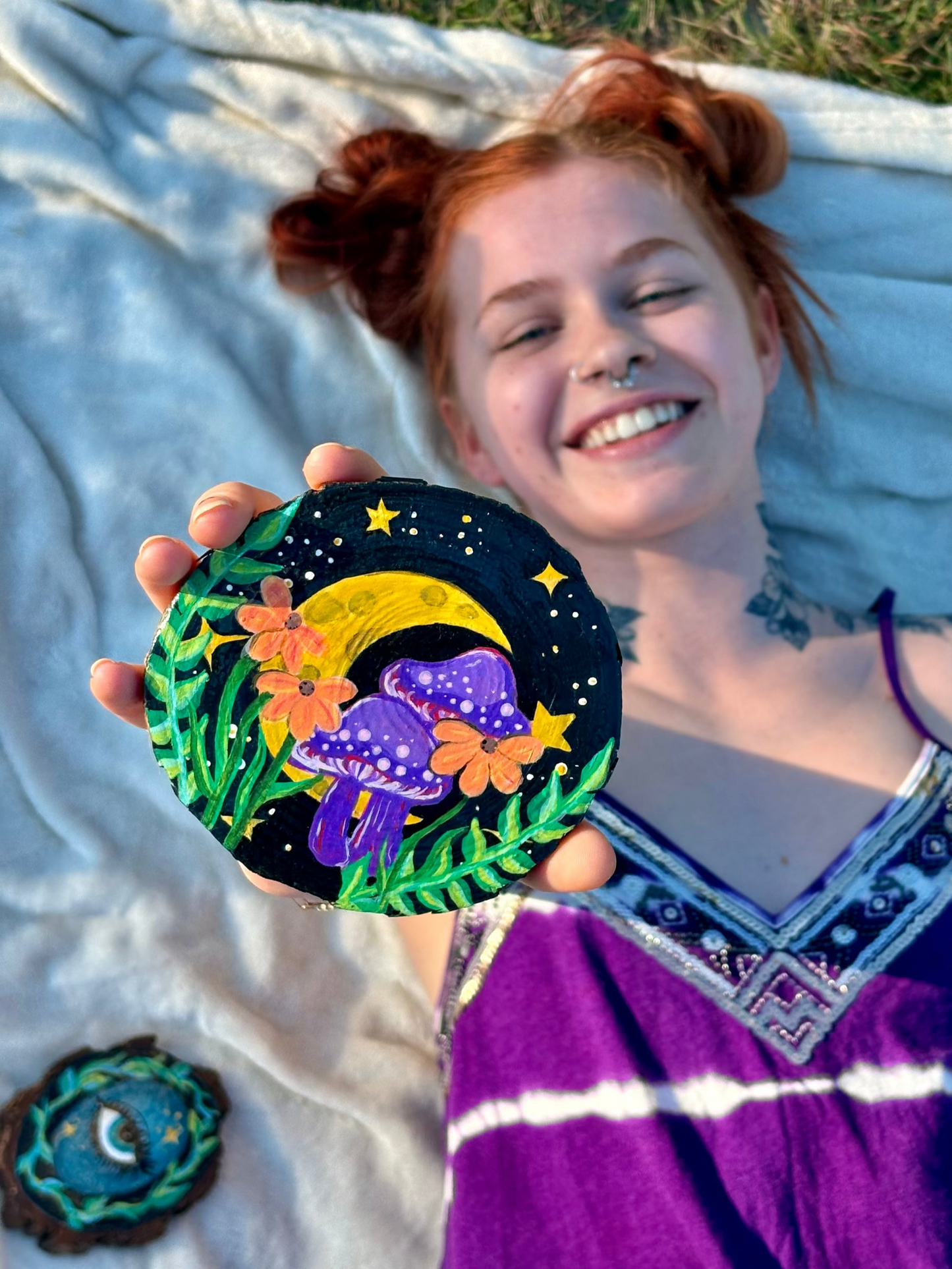 Mushroom Moonlight Original Wooden Canvas Painting